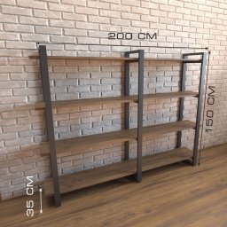 DomLofta ANATOLII LYNNYK - Regał z drewnianymi półkami i metalową ramą na tle ściany z cegły, z naniesionymi wymiarami: wysokość 150 cm, szerokość 200 cm, głębokość 35 cm.