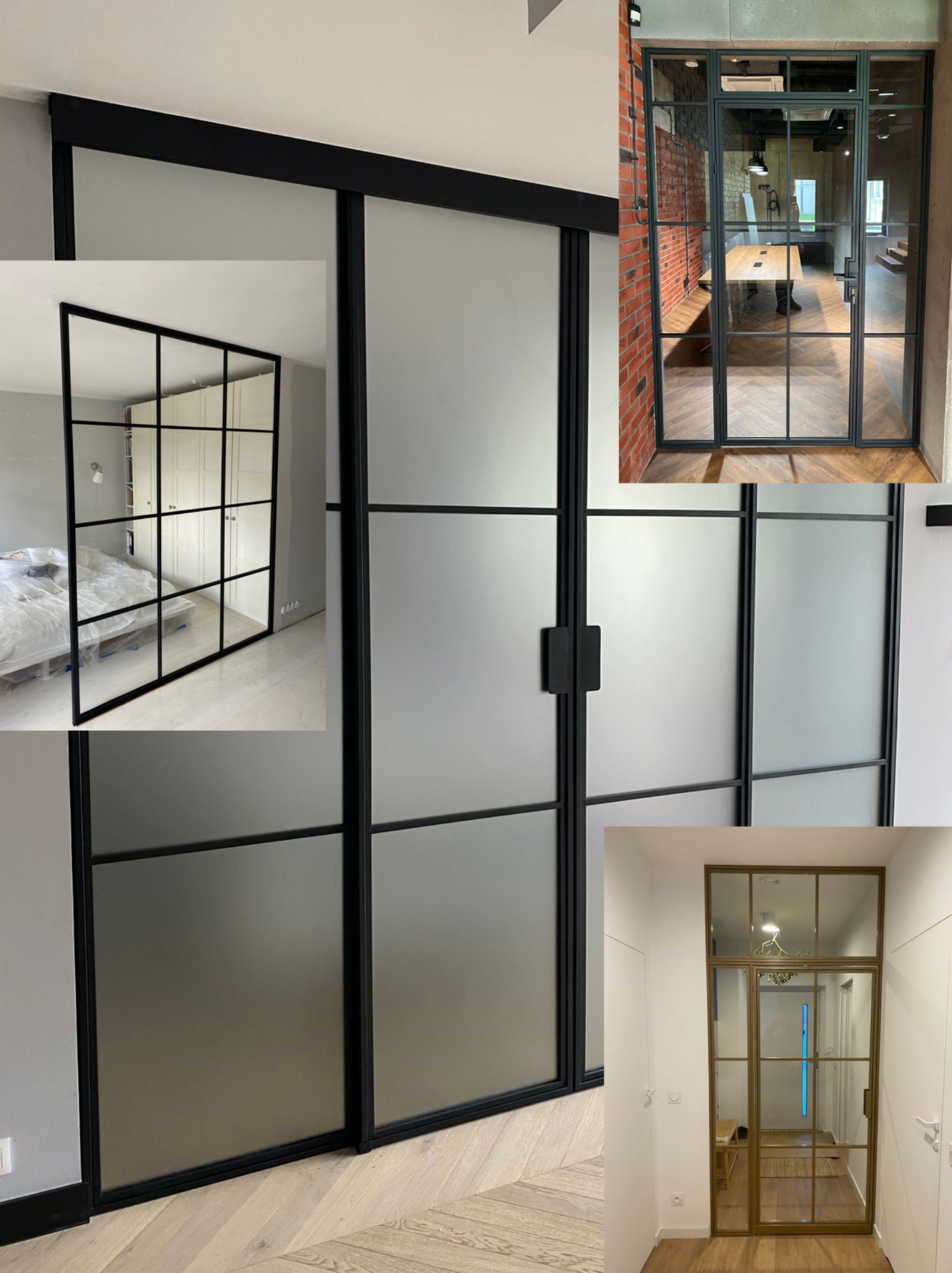 Kompozycja zdjęć prezentująca różne warianty drzwi z czarnymi szprosami: przesuwne z matowym szkłem, przeszklone biurowe z ceglaną ścianą oraz wejściowe z widokiem na korytarz.