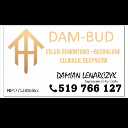 Wizytówka firmy DAM-BUD oferującej usługi remontowo-budowlane oraz elewacje budynków, z logo w formie uproszczonego złotego domu, numerem telefonu i NIP.