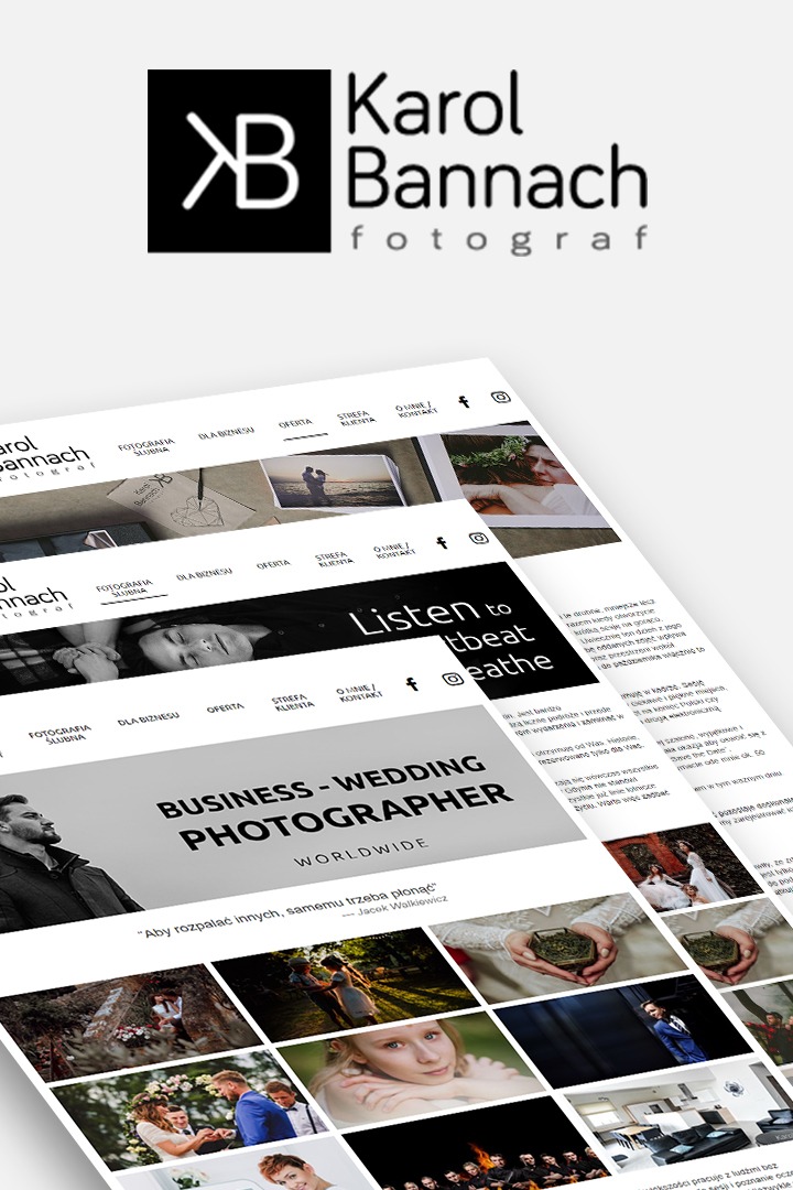 Prezentacja strony internetowej fotografa z logo Karol Bannach Fotograf, widoczne sekcje: fotografia ślubna, dla biznesu, oferta, strefa klienta, kontakt, oraz galeria zdjęć.