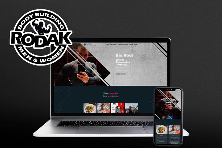 Responsywna strona internetowa trenera personalnego i dietetyka 'Big Rodi' wyświetlana na laptopie i smartfonie, z logo Rodak Bodybuilding w lewym górnym rogu.