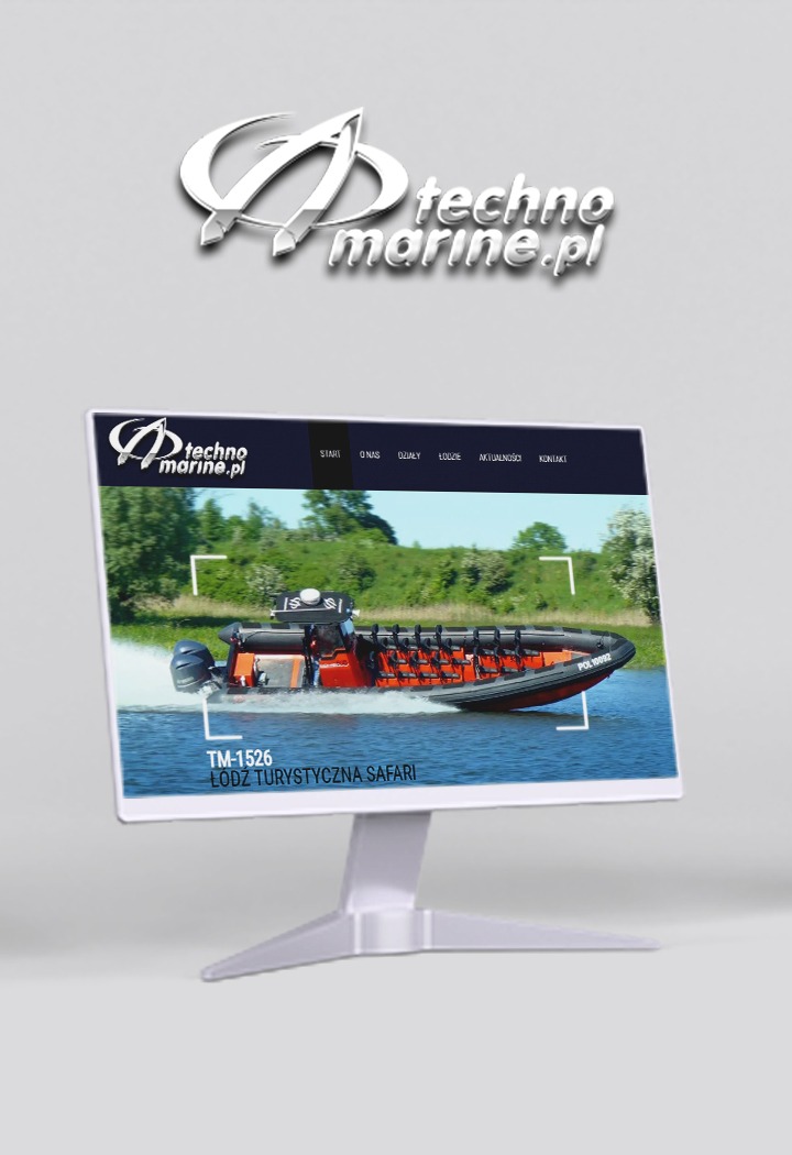 Monitor wyświetla stronę internetową firmy Techno Marine.pl, prezentującą łódź turystyczną safari TM-1526 na tle krajobrazu wodnego.