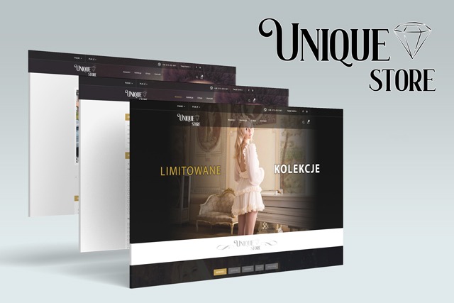 Prezentacja responsywnego projektu sklepu internetowego Unique Store z widocznymi trzema ekranami nałożonymi na siebie, ukazującymi stronę główną z kolekcją limitowaną i logo firmy w prawym górnym...