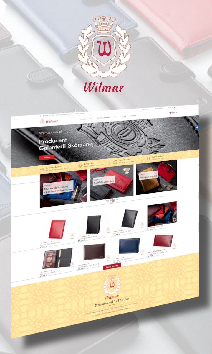 Prezentacja strony internetowej producenta galanterii skórzanej Wilmar, z logo firmy i widocznymi produktami na ekranie, otoczona rozmyciem zarysów skórzanych portfeli.
