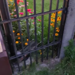 Metalowa furtka ogrodowa z pionowych prętów, widok przez nią na kolorowe kwiaty w ogrodzie, betonowy słupek po prawej stronie.