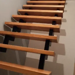 Nowoczesne schody wewnętrzne z drewnianymi stopniami i czarnymi metalowymi wspornikami, widok z dołu ku górze, ściana w tle w odcieniach szarości i błękitu.