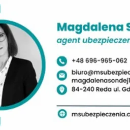 Wizytówka agenta ubezpieczeniowego Magdalena Sondej z czarno-białym portretem, danymi kontaktowymi i adresem w Redzie, na turkusowym tle.