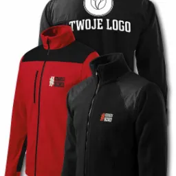 Trzy polarowe bluzy z zamkiem błyskawicznym, w kolorach czarnym i czerwonym, z widocznym logo firmy 'Oznakuj Biznes' oraz miejscem na własne logo klienta na plecach czarnej bluzy.