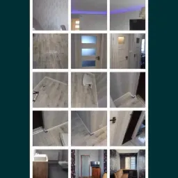 Zrzut ekranu galerii zdjęć z telefonu, prezentujący różne wnętrza po remoncie, w tym pokoje z podwieszanymi sufitami z oświetleniem LED, łazienki i pokoje dzienne.