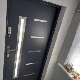 Ciemnoszare drzwi wejściowe z pionowym przeszkleniem i poziomymi, metalowymi akcentami, widoczne od strony wewnętrznej, z kluczem w zamku i doniczkami na parapecie w tle.