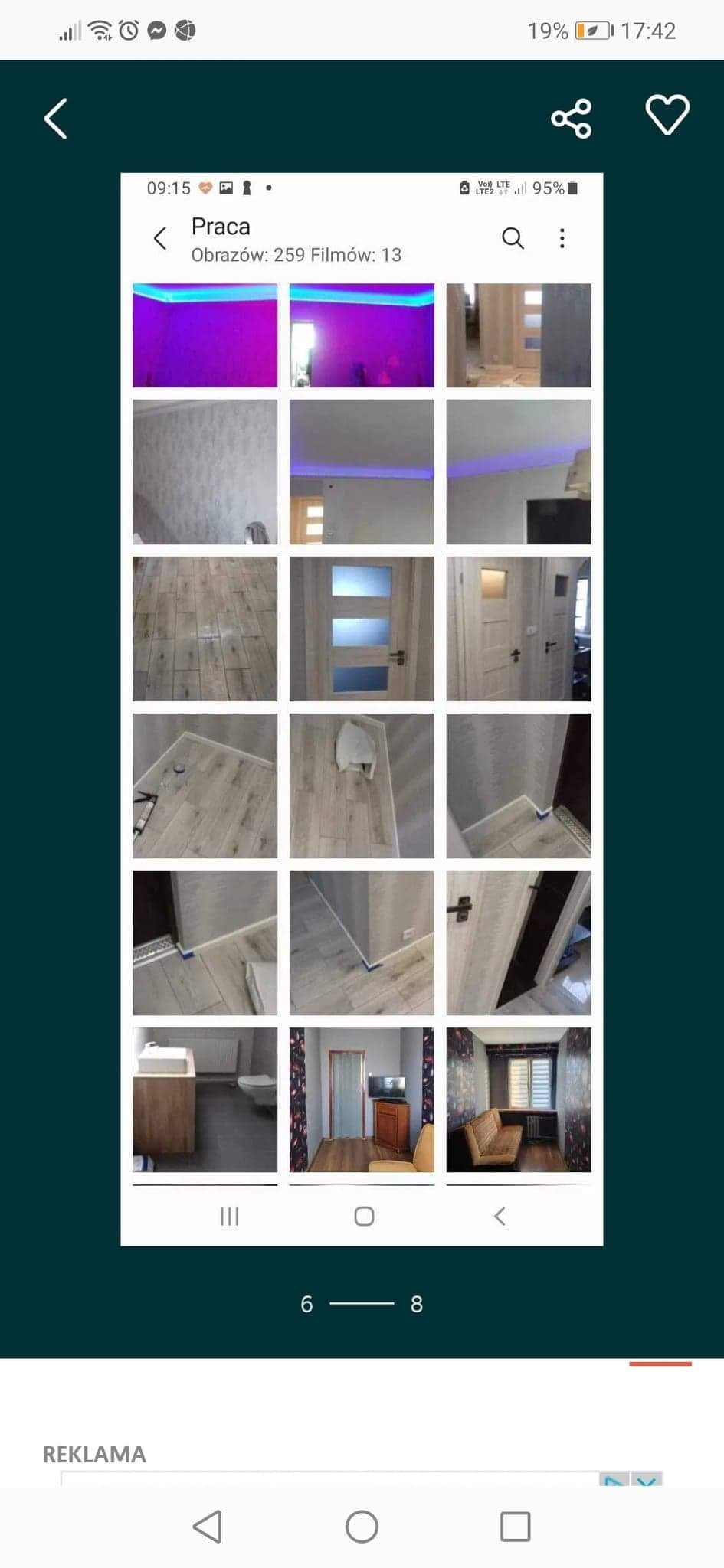 Zrzut ekranu galerii zdjęć z telefonu, prezentujący różne wnętrza po remoncie, w tym pokoje z podwieszanymi sufitami z oświetleniem LED, łazienki i pokoje dzienne.