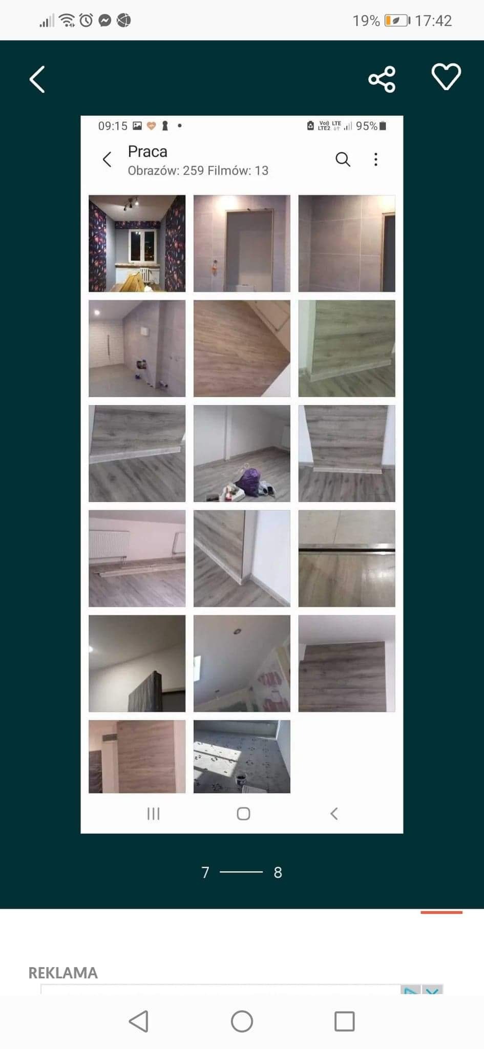 Zrzut ekranu z galerii zdjęć przedstawiający różne etapy prac remontowych: pokój z tapetą w kwiaty, odnowiona łazienka z szarymi płytkami, podłoga z paneli, pokój w trakcie przygotowania do prac...