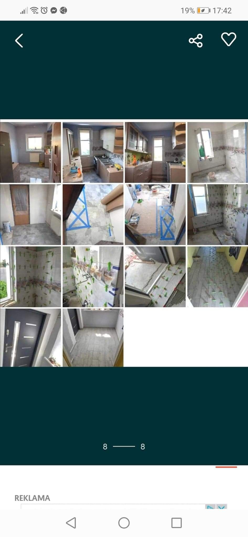 Zestaw zdjęć przedstawiających remont kuchni i łazienki: widok ogólny kuchni przed remontem, fragment kuchni z zabudową, płytki w trakcie układania na ścianach i podłodze łazienki, drzwi wejściowe...