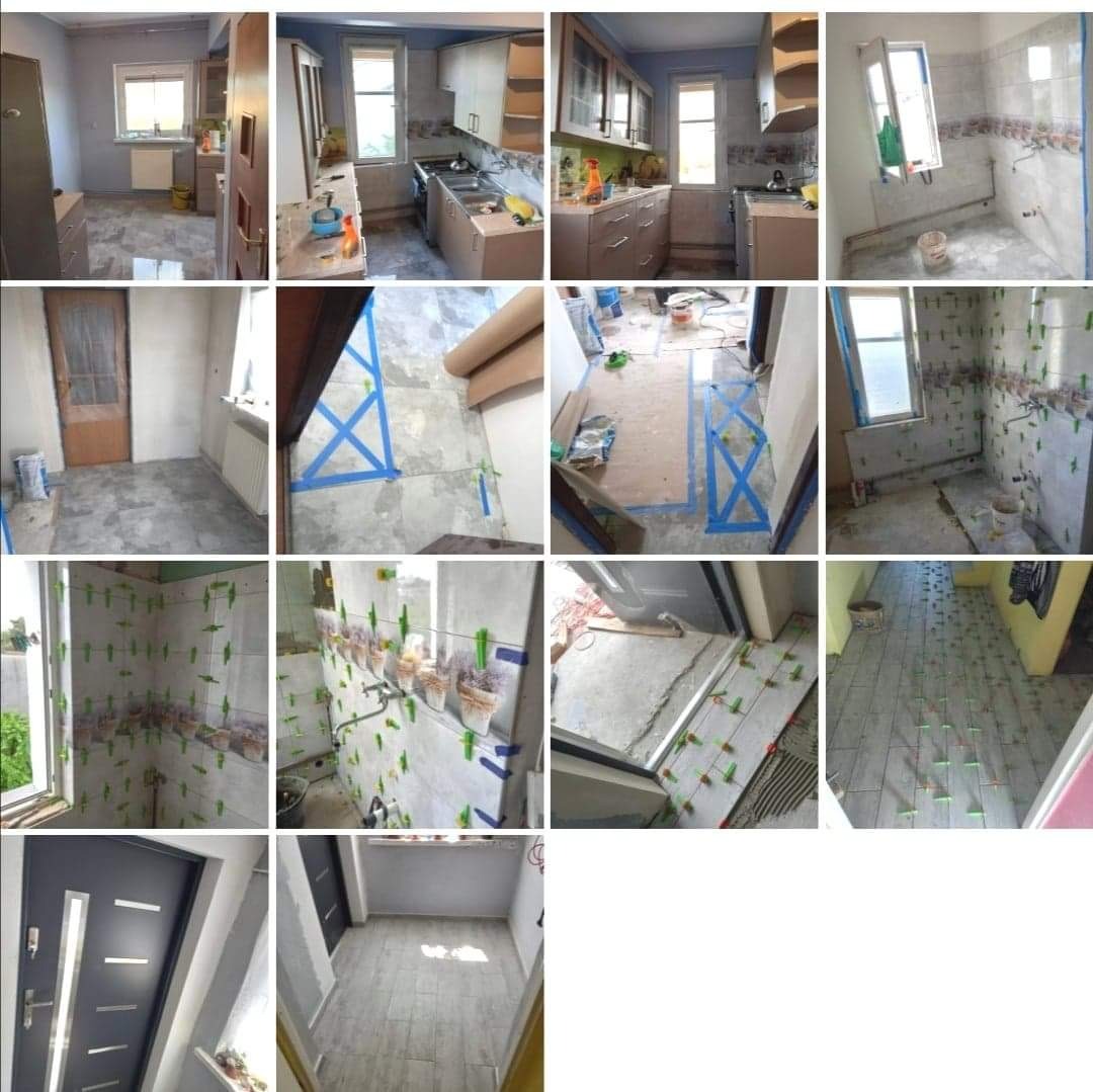 Mozaika zdjęć przedstawiających różne etapy remontu: od surowego stanu, przez przygotowanie z użyciem taśmy malarskiej, po układanie płytek ściennych i podłogowych, widoczne plastikowe krzyżyki...