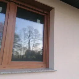Okna z drewnianą ramą w elewacji budynku, widoczne odbicie drzew w szybie okiennej, jasny tynk z delikatną fakturą.