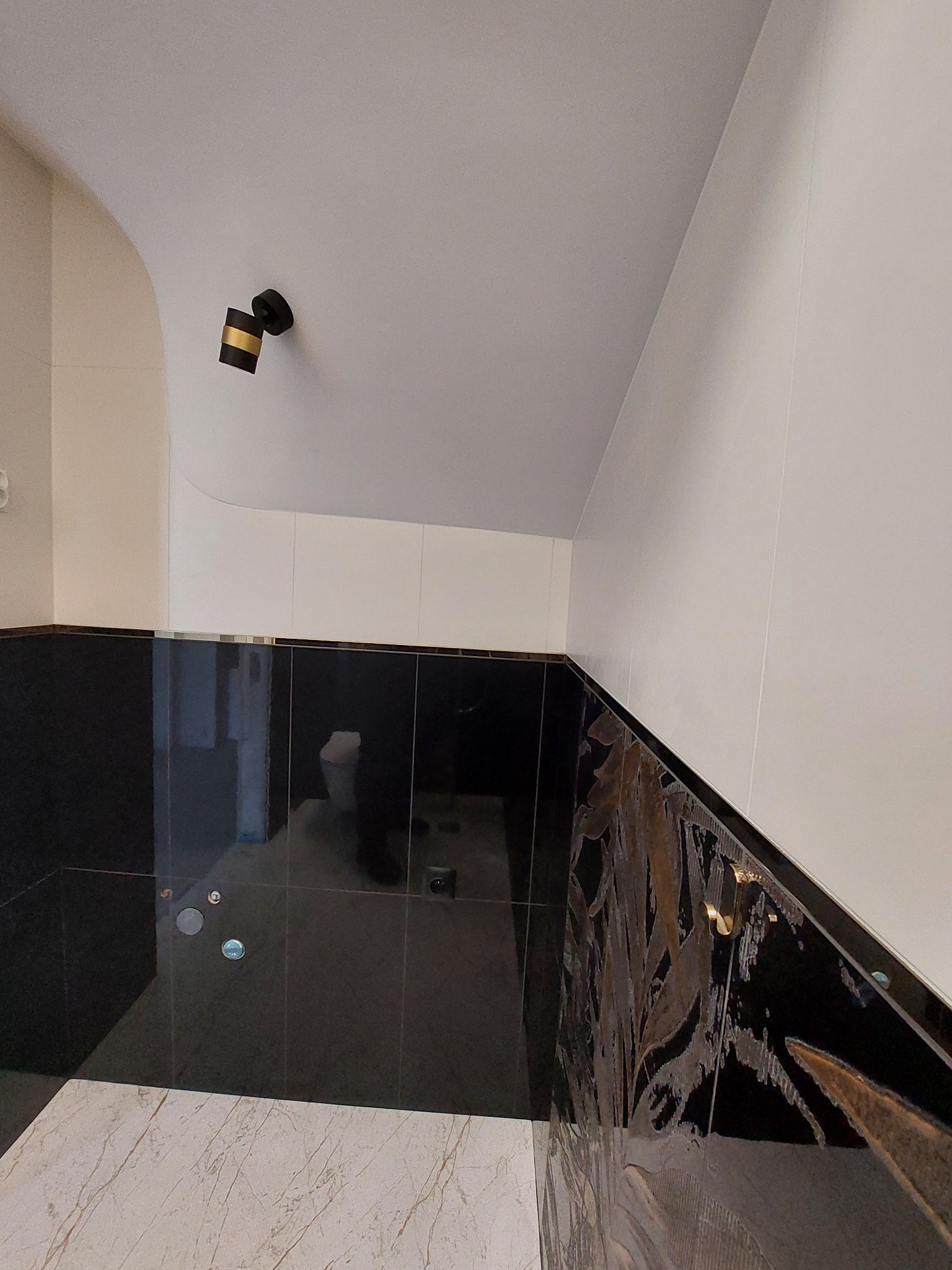 Wykończona łazienka z czarnymi, błyszczącymi płytkami zdobionymi motywem roślinnym i beżową marmurową podłogą. Widoczna lampa sufitowa.