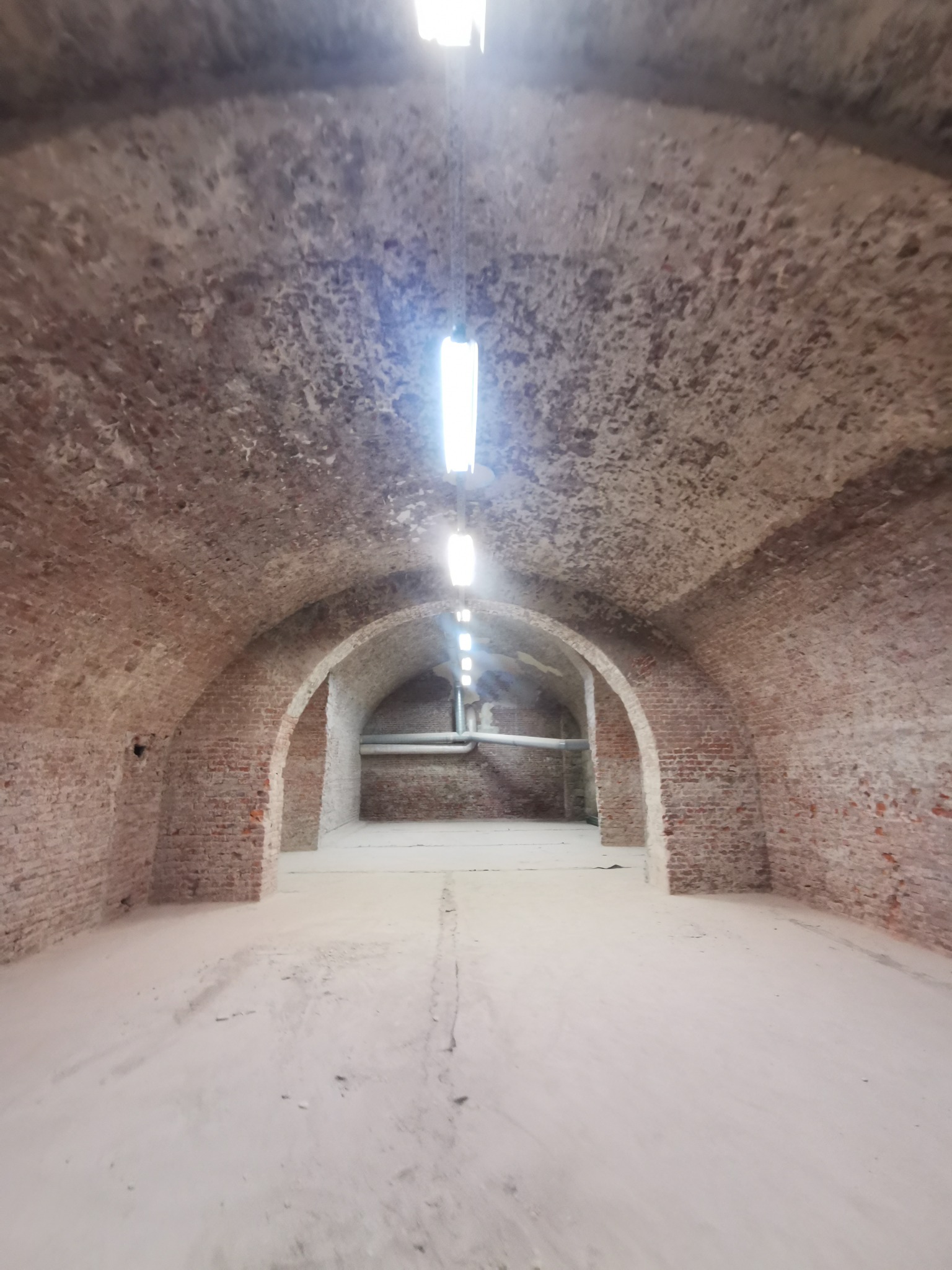 Wnętrze piwnicy z ceglanym sklepieniem łukowym, oświetlone wiszącymi lampami fluorescencyjnymi, podłoga pokryta warstwą jasnego pyłu.