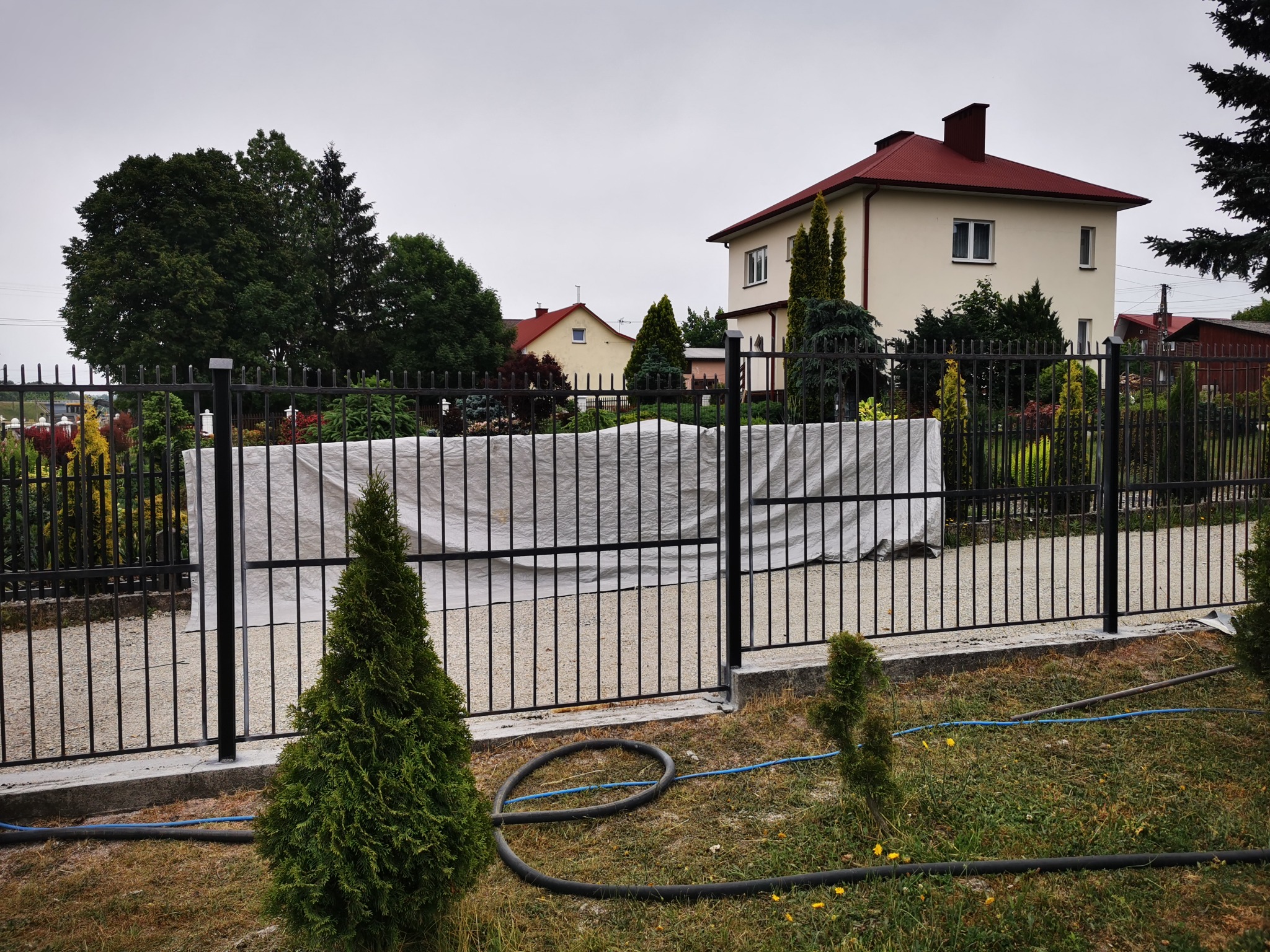 Czarna metalowa brama posesji zabezpieczona folią malarską, widoczne dwa małe iglaki i zwinięty wąż ogrodowy na trawniku, w tle dom z czerwonym dachem.