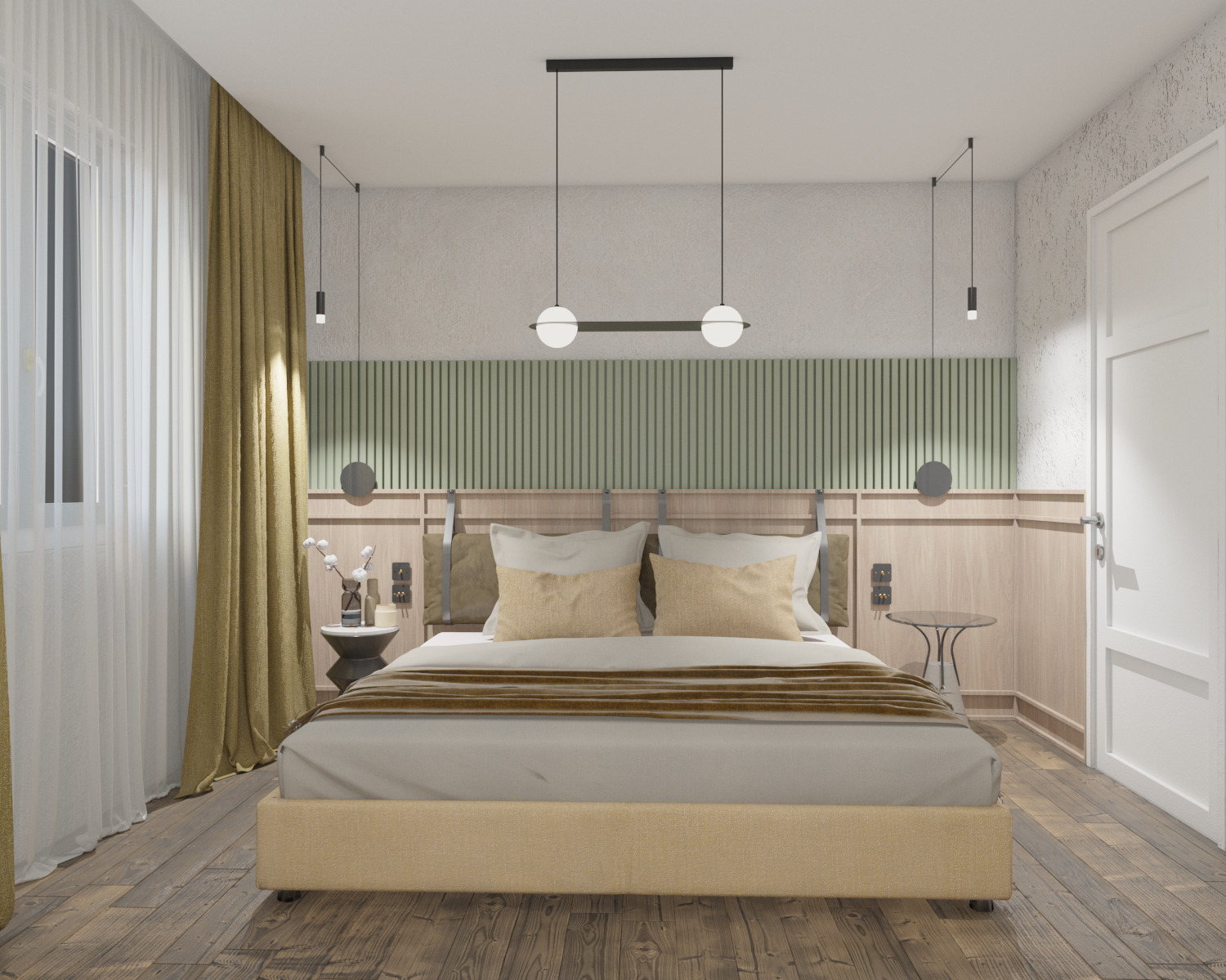 Nowoczesna sypialnia z drewnianą podłogą, beżowym łóżkiem i zielonym zagłówkiem, oświetlona wiszącymi lampami i światłem dziennym przez białe zasłony.