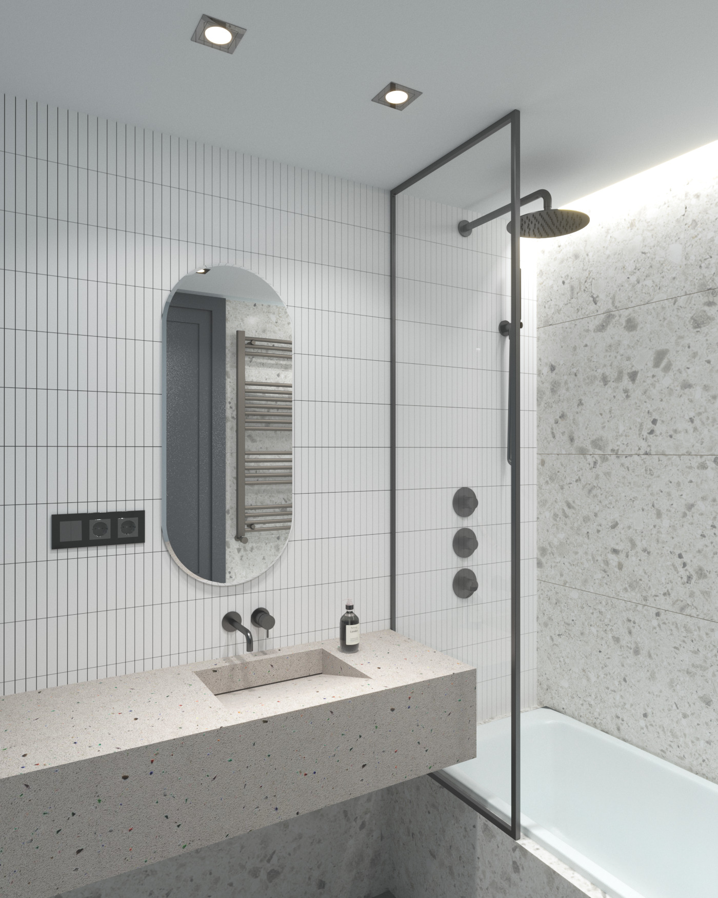 Nowoczesna łazienka z umywalką z lastryko, owalnym lustrem i kabiną prysznicową ze szklaną ścianką, wykończona białymi, wąskimi płytkami.