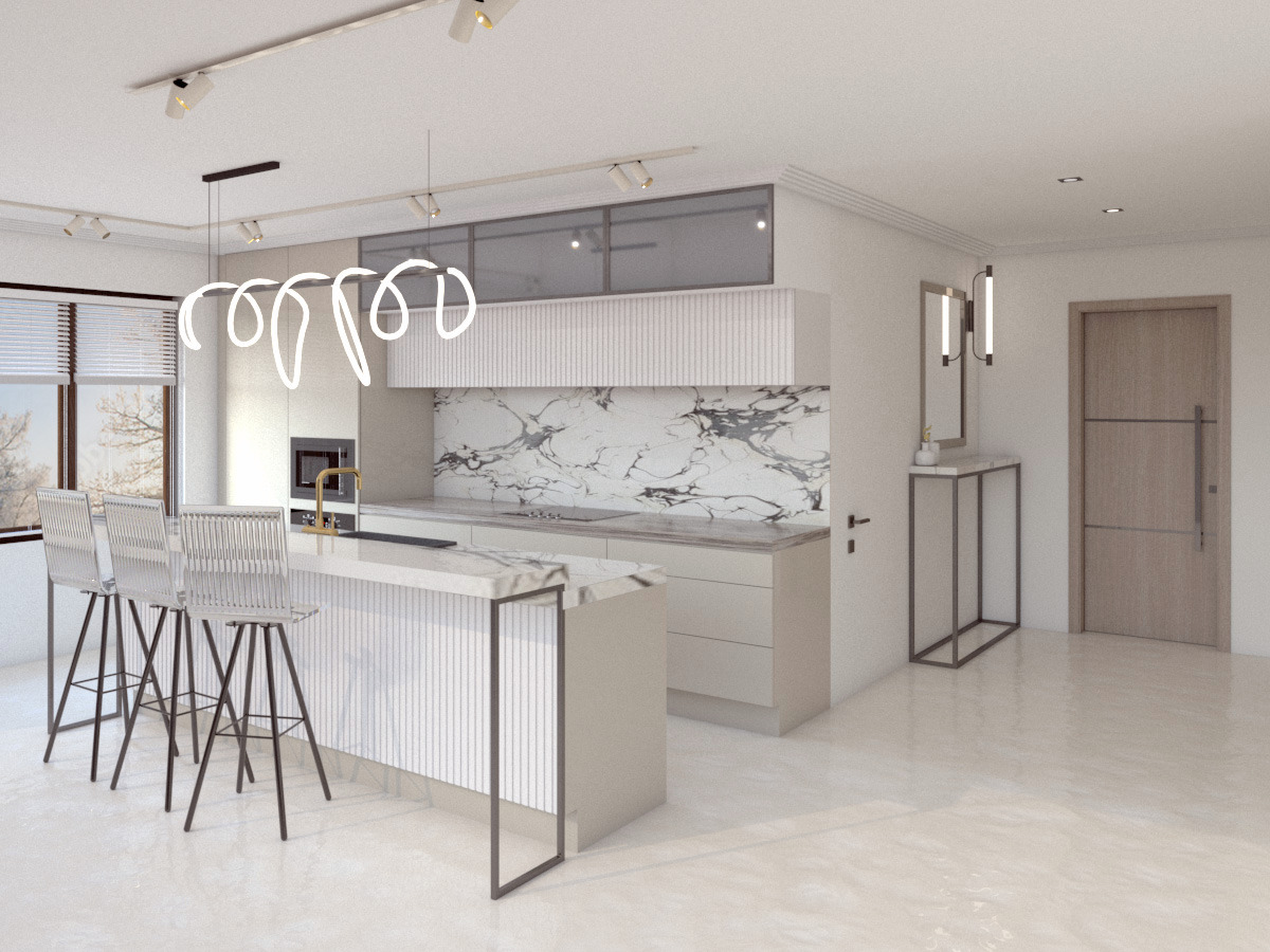 Nowoczesna kuchnia z wyspą i marmurowym blatem w Białymstoku, oświetlona dekoracyjną lampą wiszącą w kształcie spirali, z trzema hokerami przy wyspie i marmurowym wykończeniem ściany.