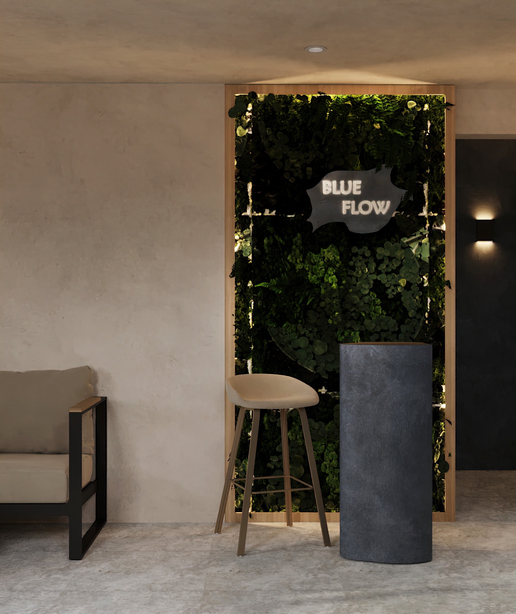 Recepcja biurowa z zieloną ścianą, podświetlanym logo 'BLUE FLOW', hokery i minimalistycznym pulpitem recepcyjnym.