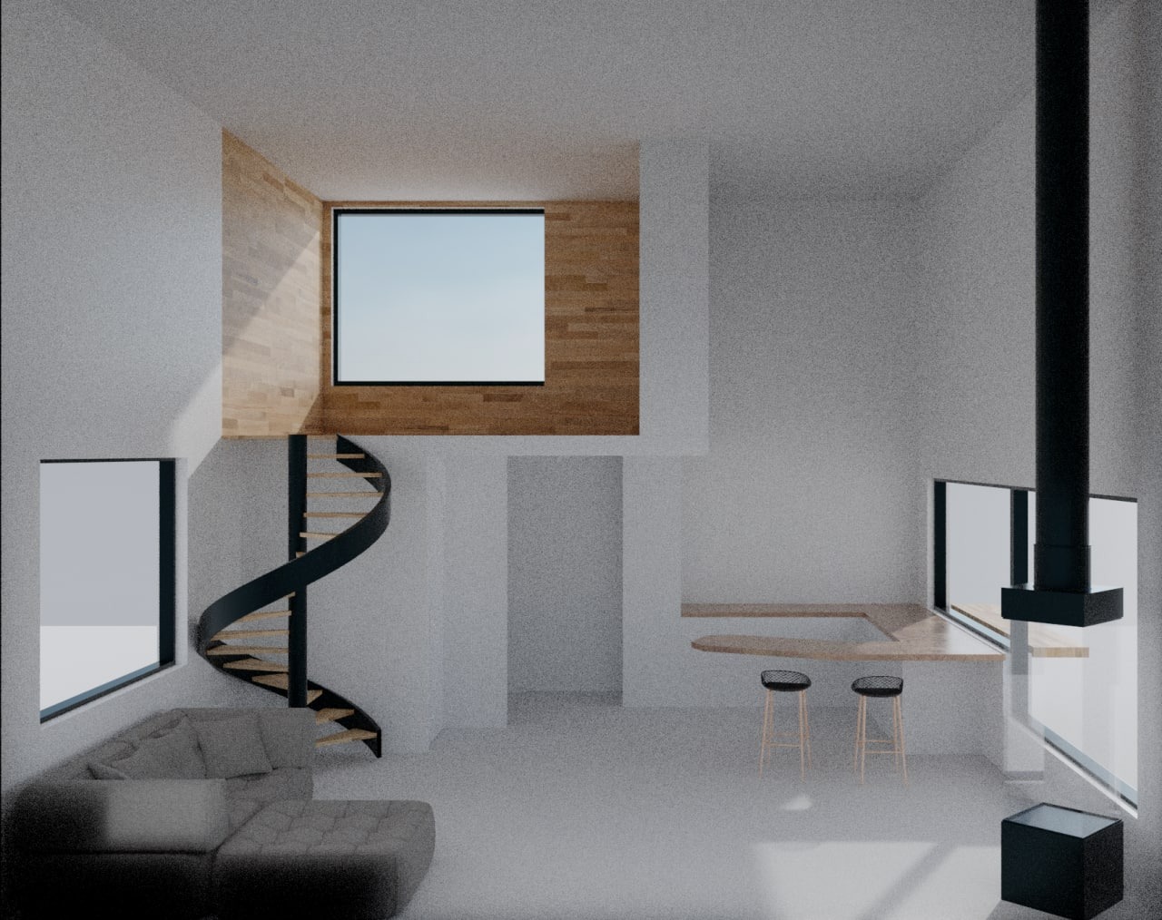 Wizualizacja minimalistycznego wnętrza z drewnianymi akcentami: schody spiralne, wyspa kuchenna z hokerami i kominek. Duże okna wpuszczają naturalne światło.