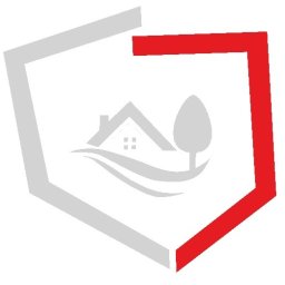 Anna Pawelec Solid Servis - Abstrakcyjne logo z domem, drzewem i falami w szarej i czerwonej ramie, symbolizujące nieruchomości lub budownictwo ekologiczne.