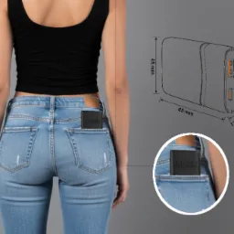 Grafika prezentuje produkt ENERON w kieszonce jeansów, z wymiarami 45x85x13 mm. Dodatkowo, obok kieszeni znajduje się powiększony widok produktu.