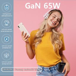Anna Pawelec Solid Servis - Uśmiechnięta blondynka w słuchawkach prezentuje ładowarkę GaN 65W i smartfon na różowym tle z ikonami zabezpieczeń i hasłem 'Poczuj wolność 65W'.