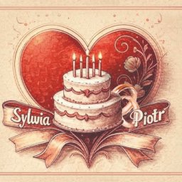 Anna Pawelec Solid Servis - Ilustracja tortu weselnego ze świeczkami, imionami Sylwia i Piotr na wstęgach, umieszczonego na tle serca z motywami roślinnymi, w pastelowej kolorystyce.