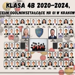 Tablo klasy 4B Liceum Ogólnokształcącego nr 01 w Krakowie z lat 2020-2024, prezentujące zdjęcia uczniów i nauczycieli w ramkach, otoczone graficznymi elementami.