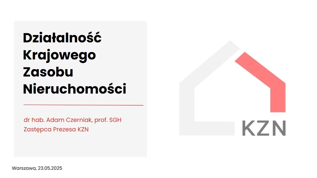 Grafika z logo KZN (Krajowy Zasób Nieruchomości) i tekstem informacyjnym o działalności firmy, z datą 23.05.2025 i nazwą zastępcy prezesa.