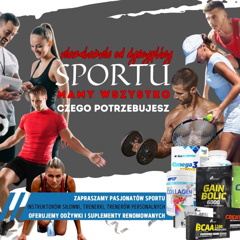 Sportowy kolaż: trenerzy, sportowcy w akcji (piłka nożna, tenis, siłownia) i suplementy diety. Zaproszenie do pasjonatów sportu, instruktorów i odżywek.