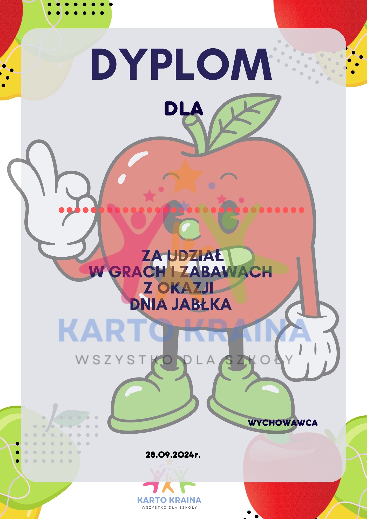 Ilustracja dyplomu za udział w grach i zabawach z okazji Dnia Jabłka, z motywem jabłka i napisem 'KARTO KRAINA wszystko dla szkoły'.
