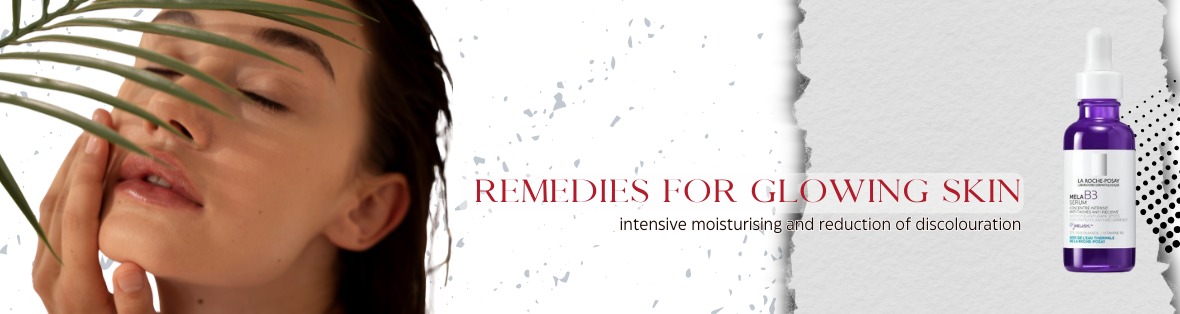 Kreatywny baner reklamowy serum do twarzy La Roche-Posay Mela B3, prezentujący modelkę i hasło 'Remedies for glowing skin'.