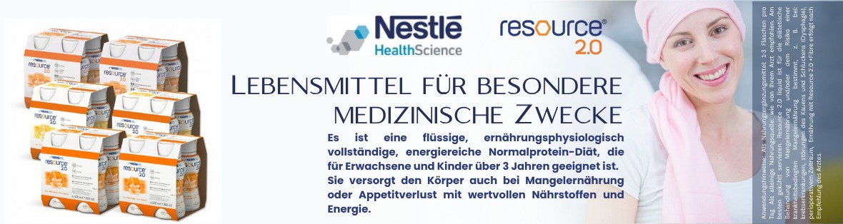 Zestaw napojów odżywczych Nestle Resource 2.0 dla osób z problemami żywieniowymi, obok uśmiechnięta kobieta z chustą na głowie. Tekst w języku niemieckim.