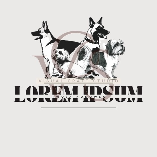 Ilustracja przedstawia cztery psy różnych ras. Pod nimi widnieje napis 'Lorem Ipsum' i 'Twoja Hodowla'. W tle logo 'Visual Craft Studio'.