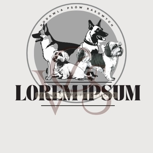 Logo hodowli psów rasowych z czterema psami różnych ras w okręgu, czcionka serifowa i napis 'Visual Craft Studio' na dole, w stonowanej kolorystyce.