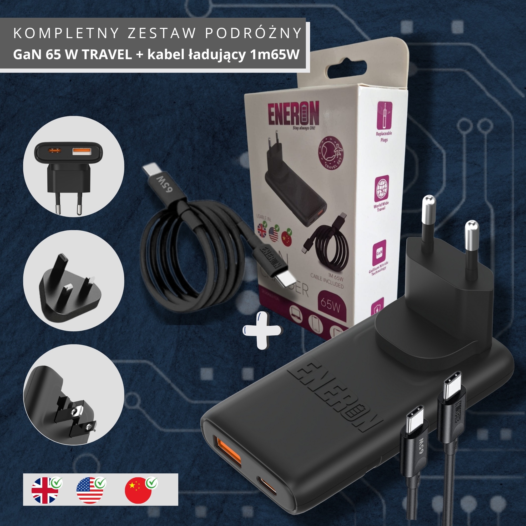 Zestaw podróżny GaN 65W TRAVEL z kablem 1m65W w Pacanowie. Kompletny zestaw z wymiennymi wtyczkami i powerbankiem. Idealny dla podróżujących.