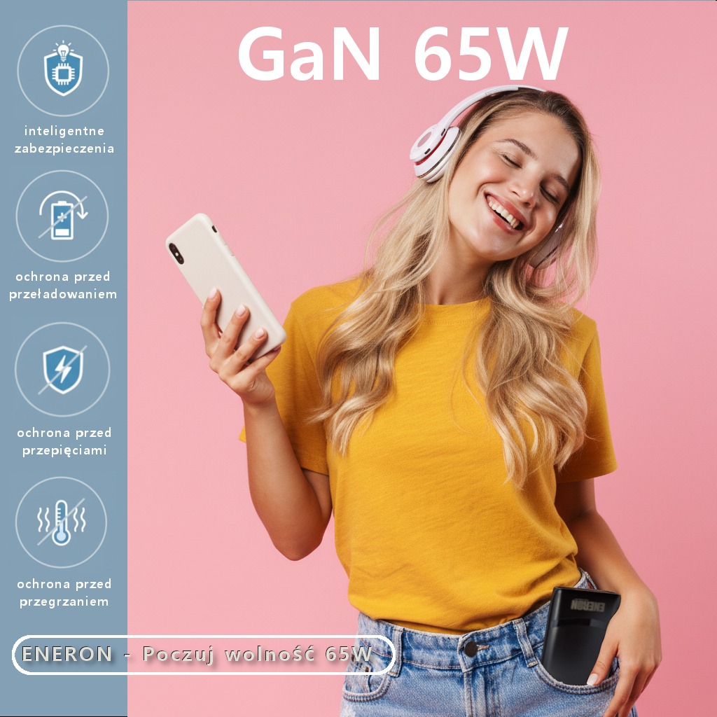 Uśmiechnięta blondynka w słuchawkach prezentuje ładowarkę GaN 65W i smartfon na różowym tle z ikonami zabezpieczeń i hasłem 'Poczuj wolność 65W'.