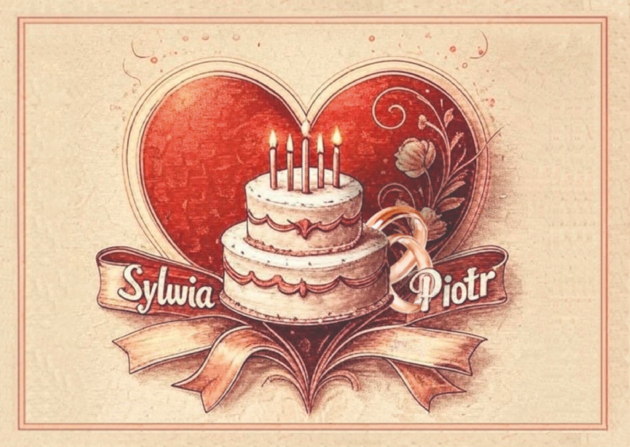 Ilustracja tortu weselnego ze świeczkami, imionami Sylwia i Piotr na wstęgach, umieszczonego na tle serca z motywami roślinnymi, w pastelowej kolorystyce.
