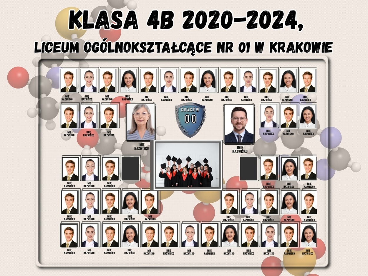Tablo klasy 4B Liceum Ogólnokształcącego nr 01 w Krakowie z lat 2020-2024, prezentujące zdjęcia uczniów i nauczycieli w ramkach, otoczone graficznymi elementami.