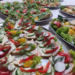 Srebrne tace z różnorodnymi, kolorowymi kanapkami, udekorowanymi świeżymi warzywami i ziołami, ustawione na białym stole.