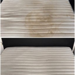 Czyszczenie na zawołanie - Materac po czyszczeniu: góra z plamami, dół czysty. Widoczny efekt prania tapicerki, kontrastujące ujęcia przed i po zabiegu, ukazujące skuteczność usługi.