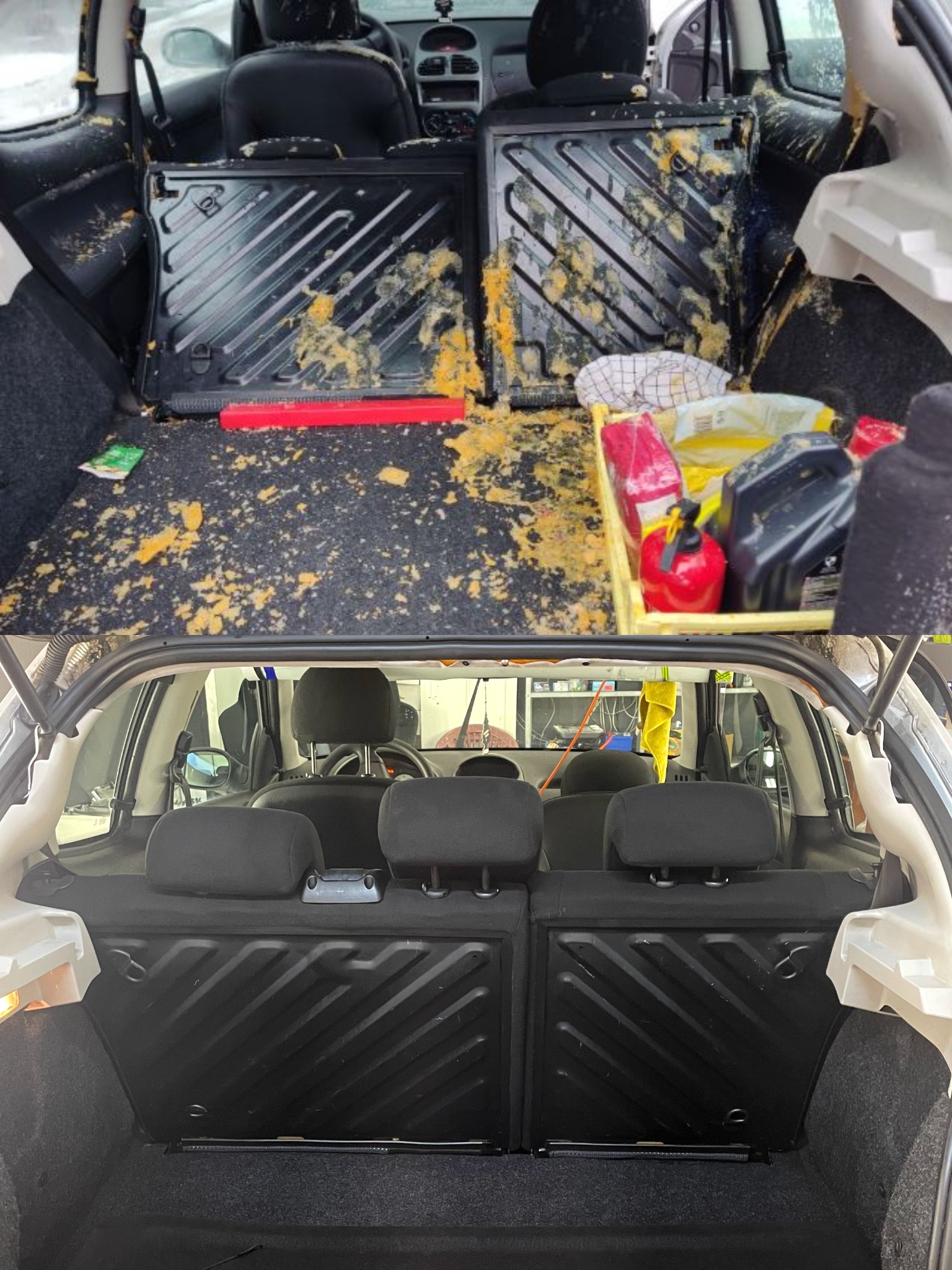 Zdjęcie 'przed i po' bagażnika samochodu: zanieczyszczony resztkami jedzenia i czysty, z widocznymi detalami tapicerki i elementami wyposażenia.