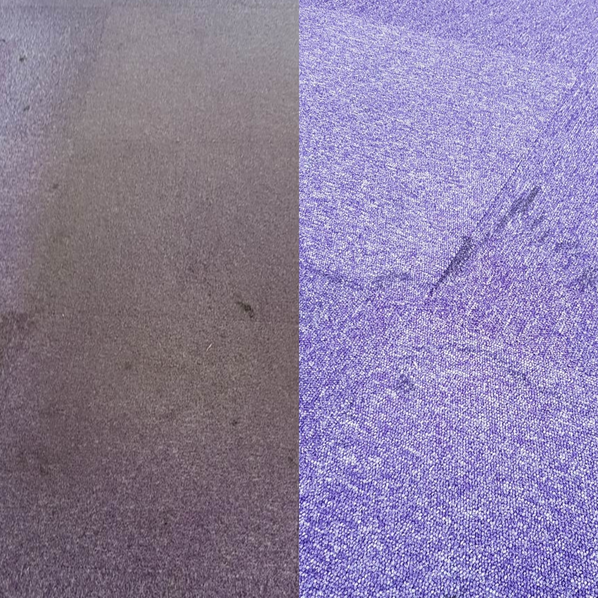 Fioletowy dywan po czyszczeniu: strona brudna, szara, kontrastuje z czystą, intensywnie fioletową, z widocznymi włóknami. Efekt 'przed i po' na dywanie.