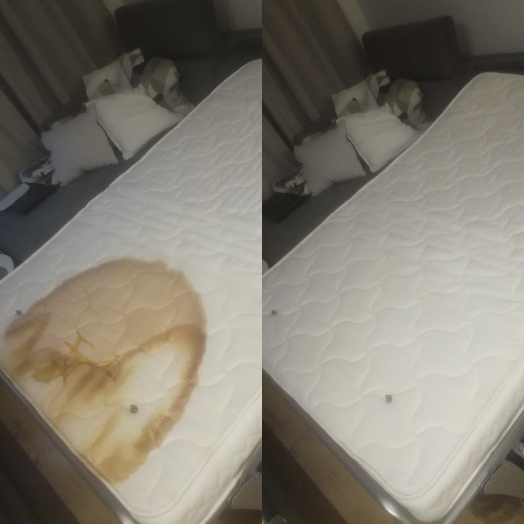 Materac z plamą przed i po czyszczeniu. Widoczna wyraźna różnica w wyglądzie, gdzie po prawej stronie materac jest czysty i bez plam.