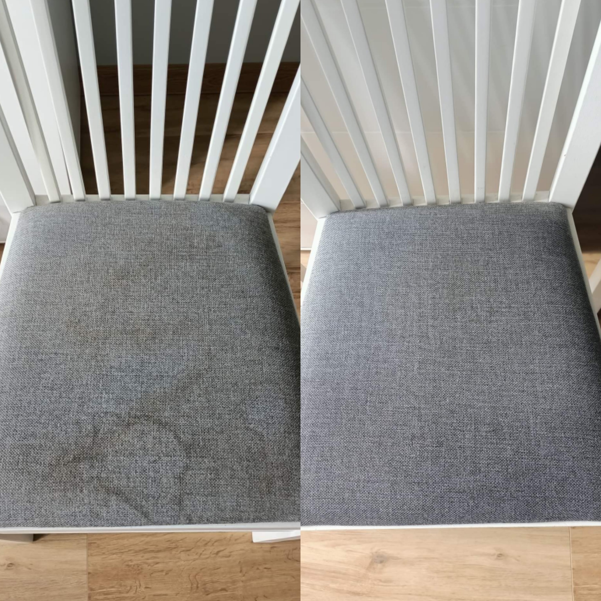 Krzesło z szarą tapicerką w ujęciu 'przed i po' czyszczeniu. Po lewej widoczne plamy, po prawej czysta tapicerka. Białe oparcie krzesła z pionowymi szczebelkami.