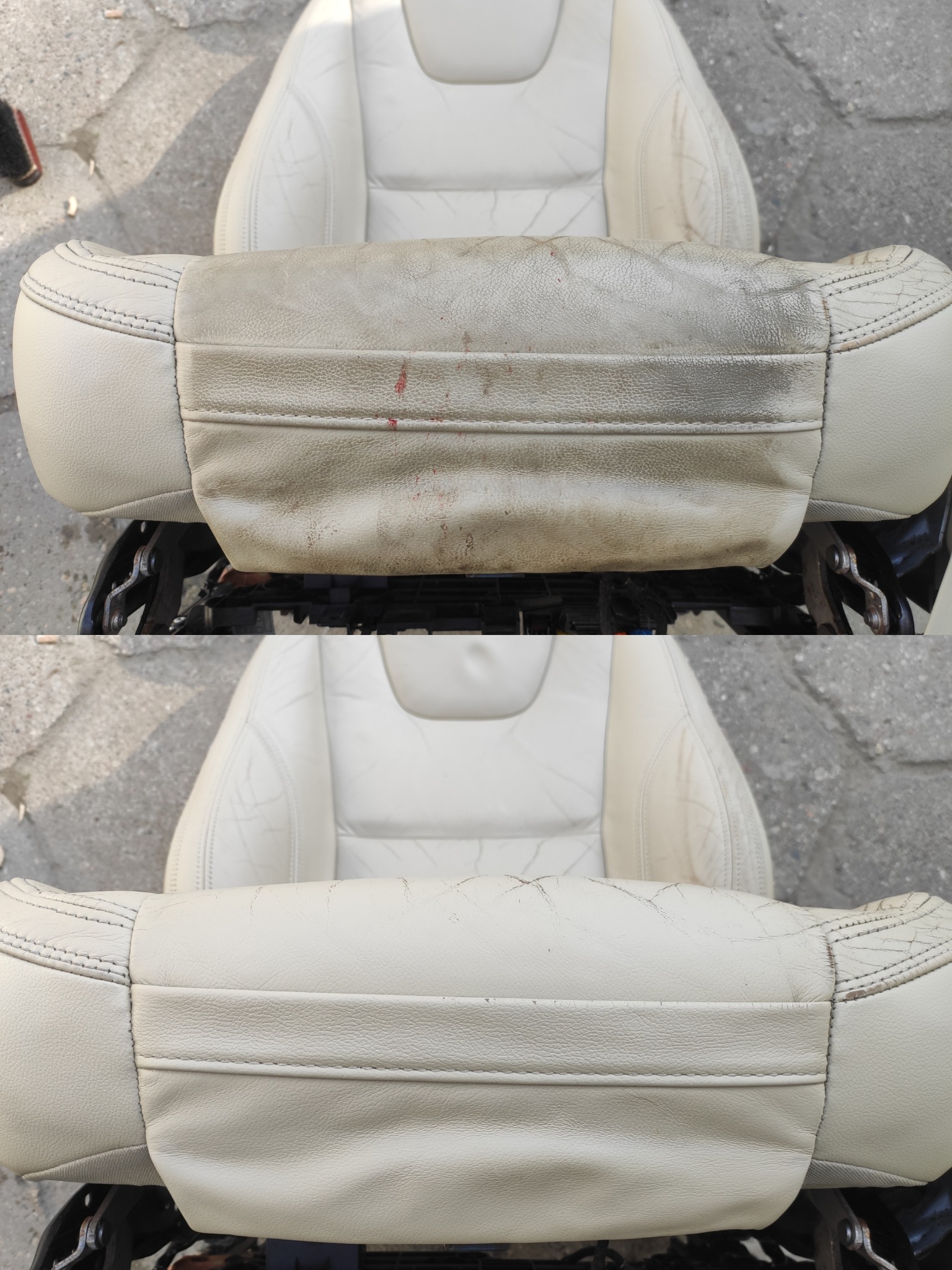 Skórzany fotel samochodowy w odcieniach bieli, w układzie 'przed i po' czyszczeniu. Górna część fotela wyraźnie zabrudzona, dolna po czyszczeniu, ukazująca odświeżony wygląd.